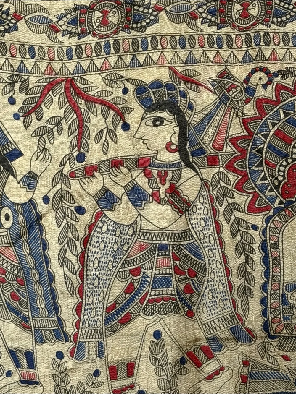Indian Silk-Style Madhubani Folk Art Scarf Shawl Blue Gold 28x40